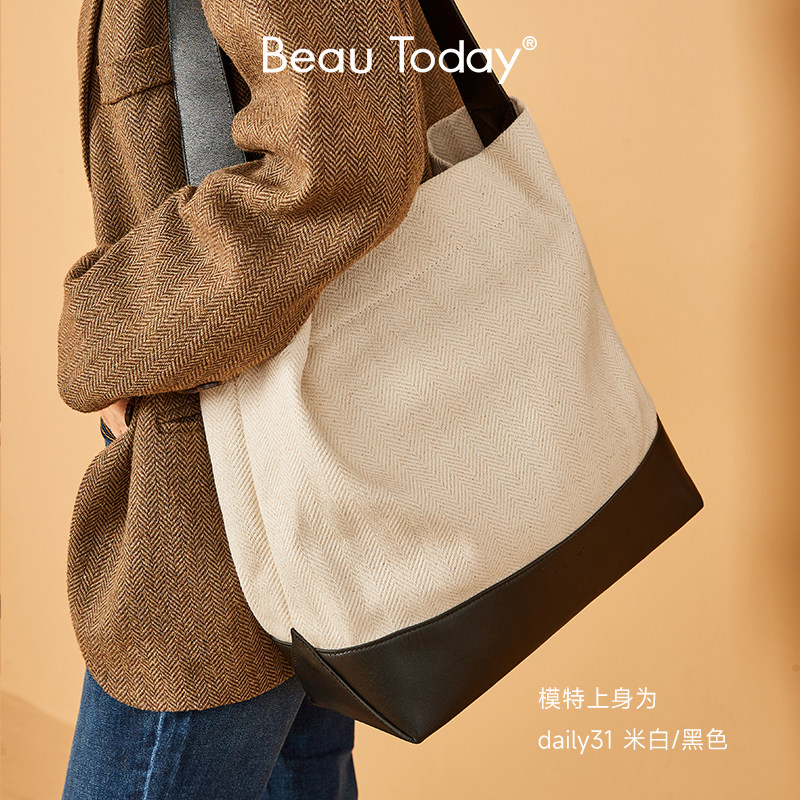 BeauToday斜挎帆布包女款托特包大容量通勤单肩包包女简约水桶包,淘宝优惠券,粉丝福利购,淘宝优惠卷