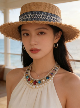 波西米亚民族风平沿草帽女夏防晒