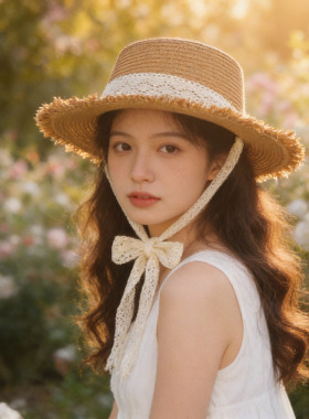 一帽两戴蝴蝶结防晒透气草帽女