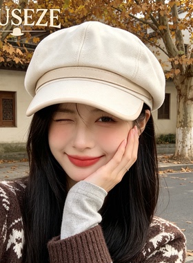 英伦黑色皮边八角帽女秋季新款毛呢报童帽韩系显脸小带檐画家帽子