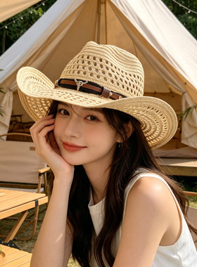 跨境骑士帽子美式复古草编牛仔草帽牛头夏镂空西部巴拿马帽遮阳帽