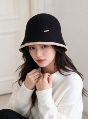 韩系通勤针织水桶帽女黑色撞白边双横标渔夫帽秋冬保暖显脸小盆帽