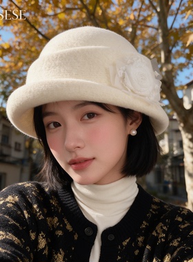 秋冬氛围感网纱山茶羊毛呢礼帽女黑色卷边盆帽优雅名媛保暖帽子