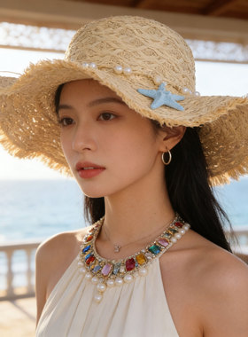 夏季海边沙滩草帽帽檐甜美气质太阳帽度假透气帽百搭防晒遮阳帽