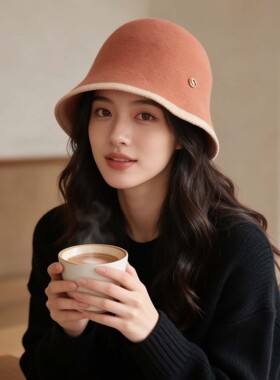 秋冬新款撞色包边渔夫帽女黑色金属标盆帽气质头包脸保暖水桶帽子