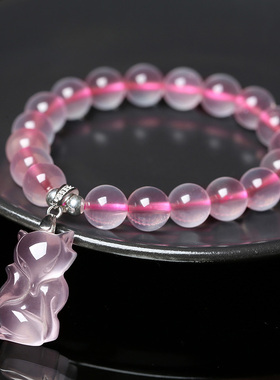 天然粉水晶小狐狸手链红绳编织款芙蓉石手串简约女送闺蜜饰品礼