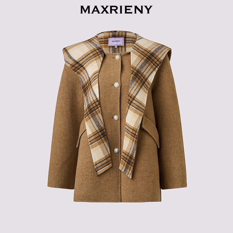 MAXRIENY格纹围巾领羊毛大衣25冬款乡村巴恩风穿搭H型廓形外套女,淘宝优惠券,粉丝福利购,淘宝优惠卷