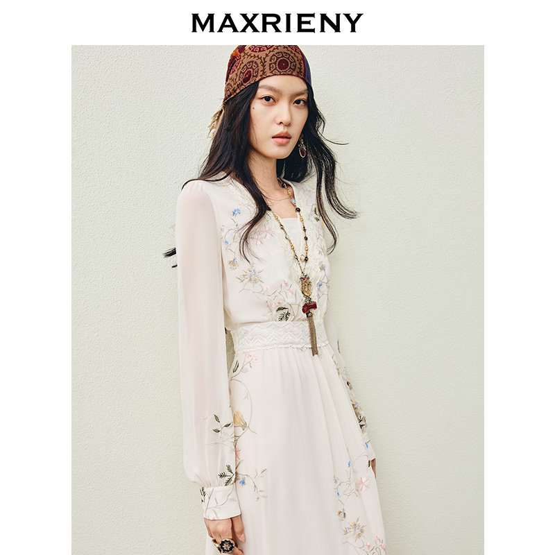 MAXRIENY米白色连衣裙2026年春季新款蕾丝花卉刺绣收腰雪纺裙子,淘宝优惠券,粉丝福利购,淘宝优惠卷
