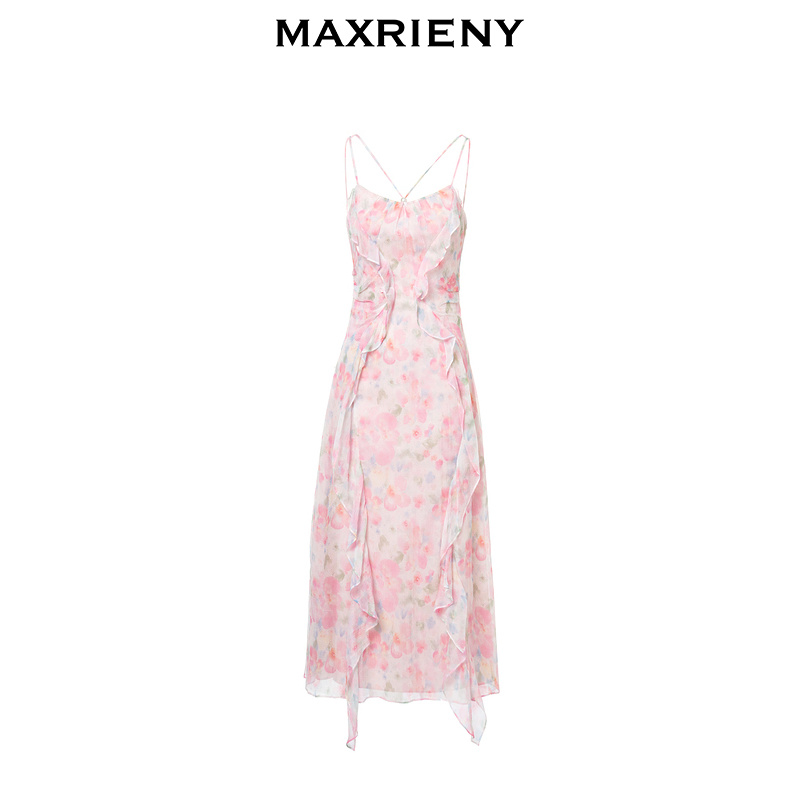 [瓜分百万红包]MAXRIENY浪漫日落感连衣裙复古仙美雪纺裙吊带裙