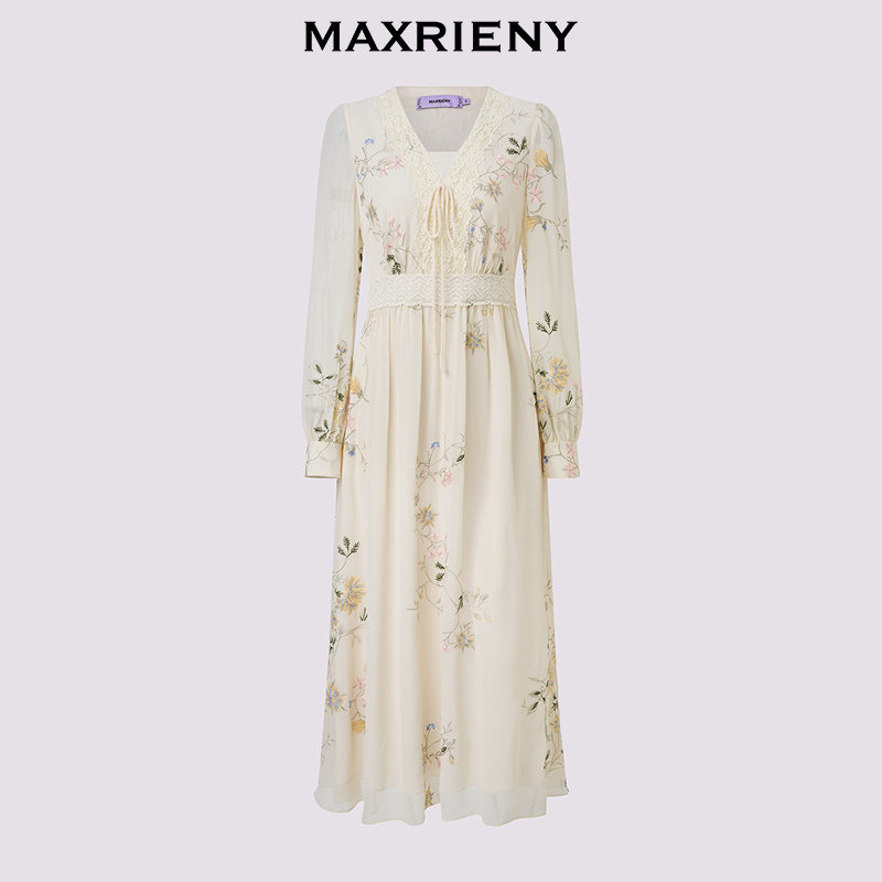 MAXRIENY米白色连衣裙2026年春季新款蕾丝花卉刺绣收腰雪纺裙子,淘宝优惠券,粉丝福利购,淘宝优惠卷