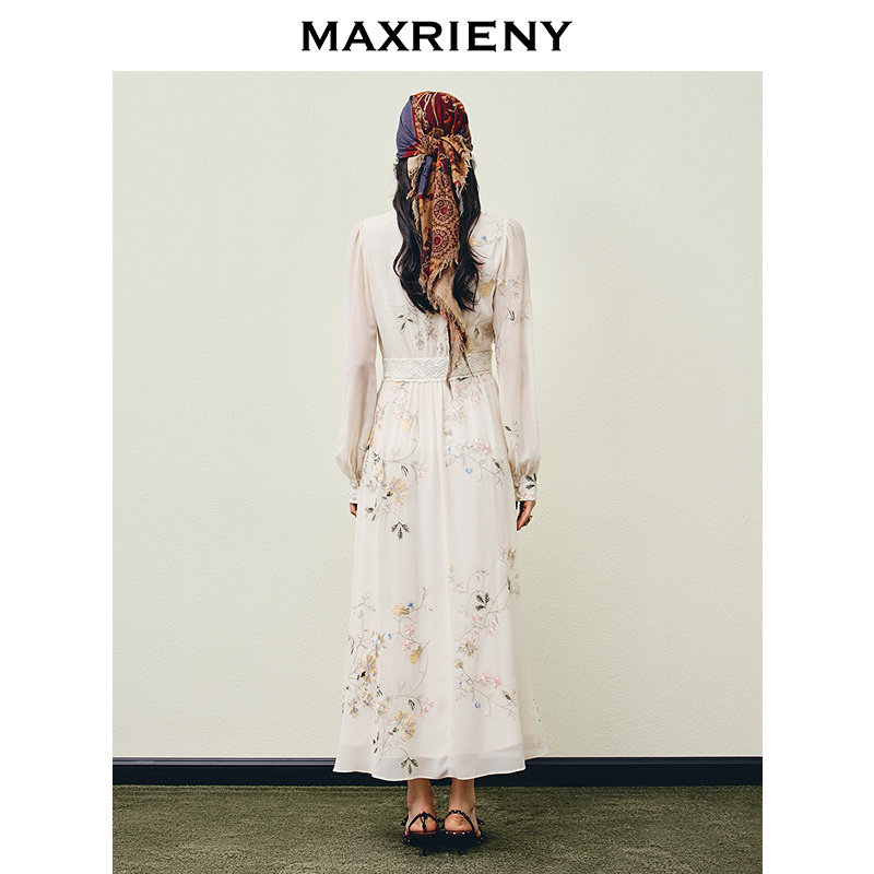 MAXRIENY米白色连衣裙2026年春季新款蕾丝花卉刺绣收腰雪纺裙子,淘宝优惠券,粉丝福利购,淘宝优惠卷
