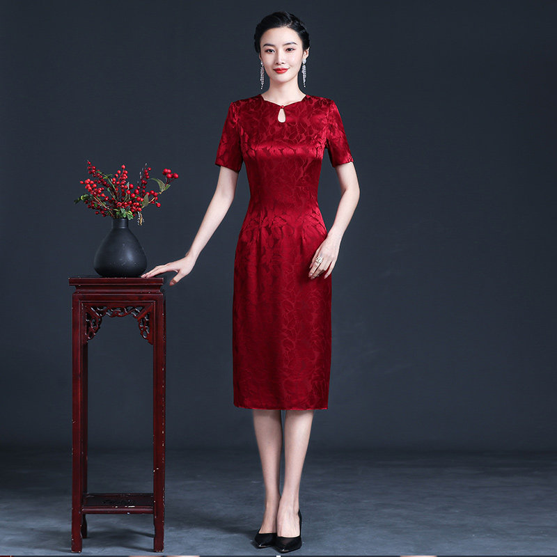 复古桑蚕丝酒红色婚礼宴会妈妈旗袍 lanyuexingchen服饰旗袍