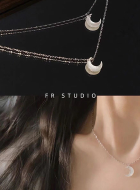 简约白贝母月亮银珠项链