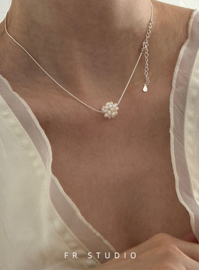 925纯银天然珍珠花球项链