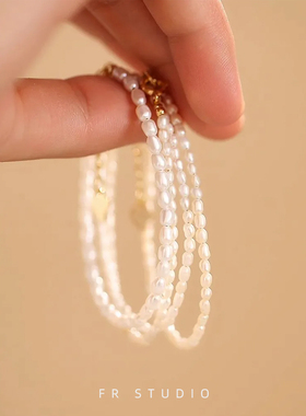 极细天然淡水小米粒小珍珠手链女超细小珠ins小众设计轻奢14k包金