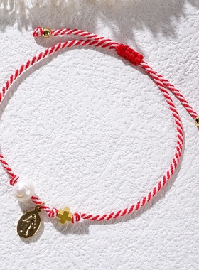 Mlgm新款民族风马尔蒂斯铜珠椭圆铜吊坠十字架大孔珍珠红白绳手链