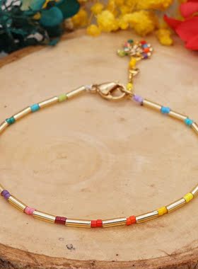 小众设计波西米亚风彩虹miyuki米珠手工串珠流苏吊坠个性学生手链
