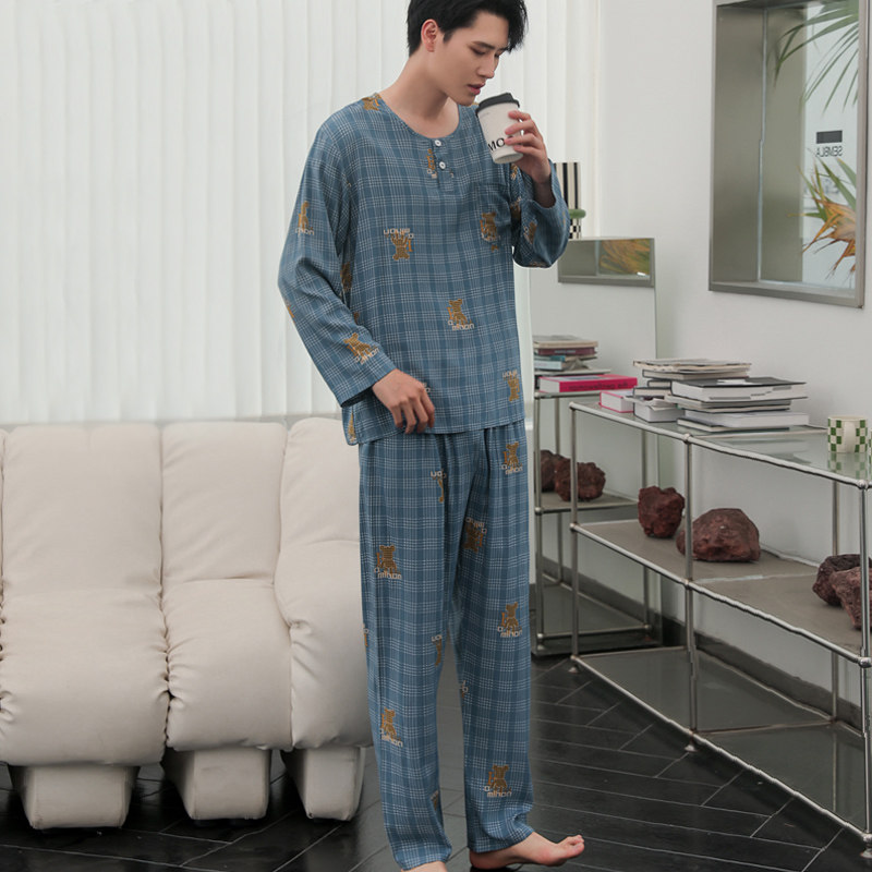 中老年男士春秋人造棉圆领夏睡衣 花丛小妖睡衣/家居服套装