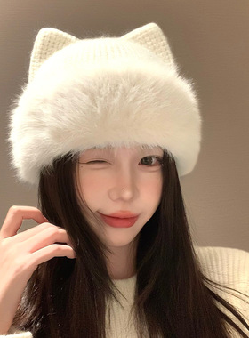 可爱猫耳朵针织毛线帽女士冬季白色加厚毛绒保暖显脸小护耳冷帽子