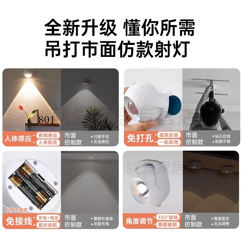 免打孔感应充电射灯墙面免接线卧室氛围壁灯入户门客厅玄关画灯 - 图2