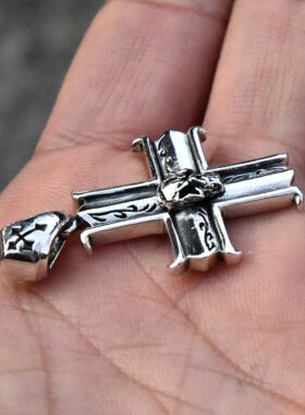 进口925纯银中性骷髅十字架吊坠