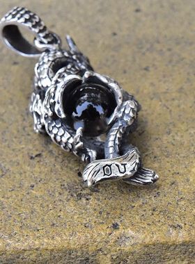 OV国潮双龙戏珠男复古款泰银吊坠925纯银镶嵌白水晶珠子盘龙挂件