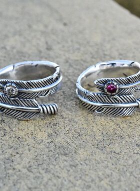 进口男女款925纯银复古羽毛戒指