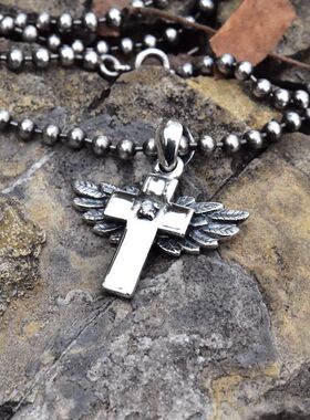 泰国进口镶白钻天使之翼守护十字架泰银吊坠925纯银翅膀男女挂件