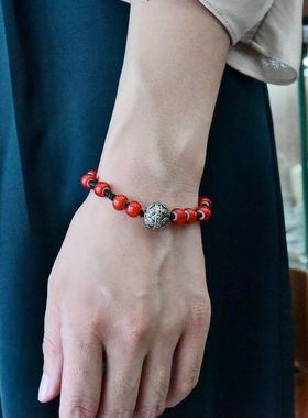 民族风纯银雕花非洲琉璃珠子手链