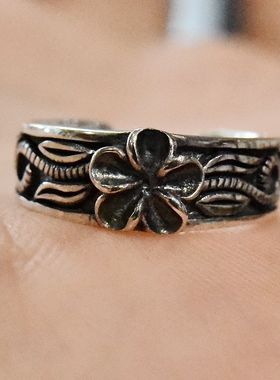 女士复古鸡蛋花纯银时尚风尾戒