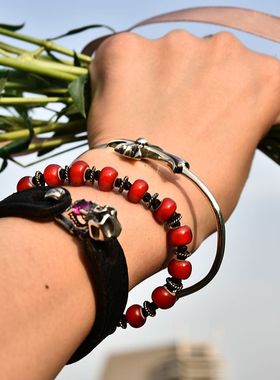 百搭红色非洲手工编织纯银琉璃珠