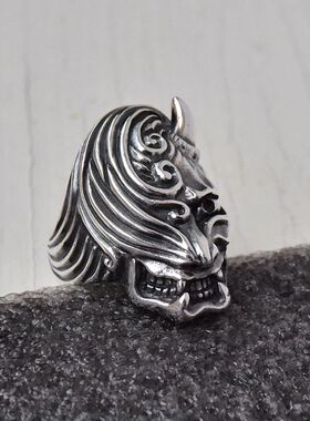 进口男士925纯银般若面泰银戒指