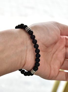 情侣纯银麻花纹复古水晶黑玛瑙