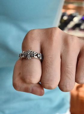 进口男士925纯银朋克十字花戒指