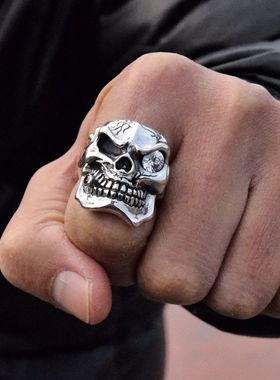 进口男士925纯银重工骷髅头戒指