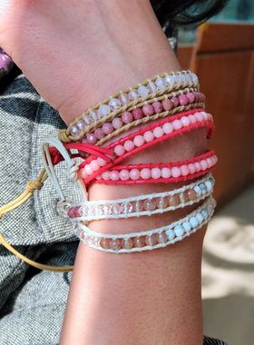 各色切面水晶珠子牛皮编织双层手链手环925银搭扣choker项链两用