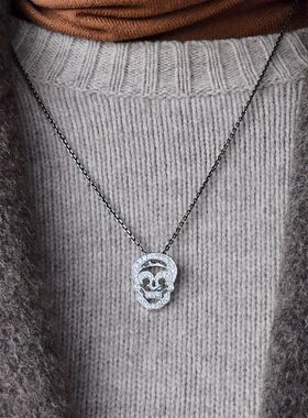 进口女士925纯银镶钻骷髅头吊坠