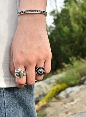 五芒星纯银做旧朋克风戒指