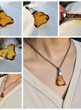 天然琥珀纯银包边吊坠不规则