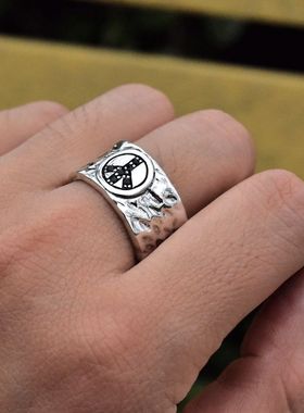 进口男士925纯银反战标志宽指环