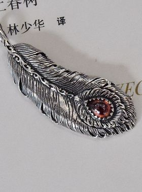 男女复古印第安风格镶嵌红黑水晶石细致孔雀羽毛泰银吊坠925纯银