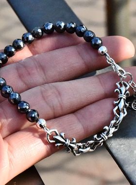 泰国进口男女复古切面水晶圆珠子925纯银锚花百合纹章潮款手链串