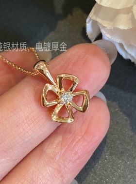 玫瑰金咏绽花纯银镀金项链 女高级感镶钻花朵吊坠风车满钻锁骨链