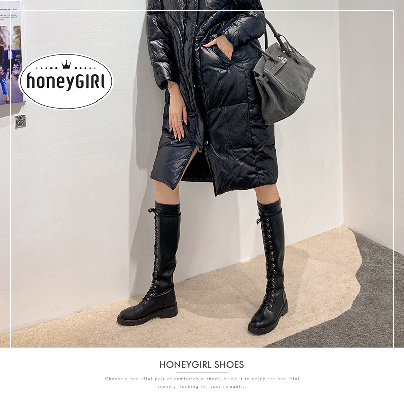 honeyGIRL英伦风马丁靴女2020冬季新款长靴系带高筒靴粗跟靴子 - 图3