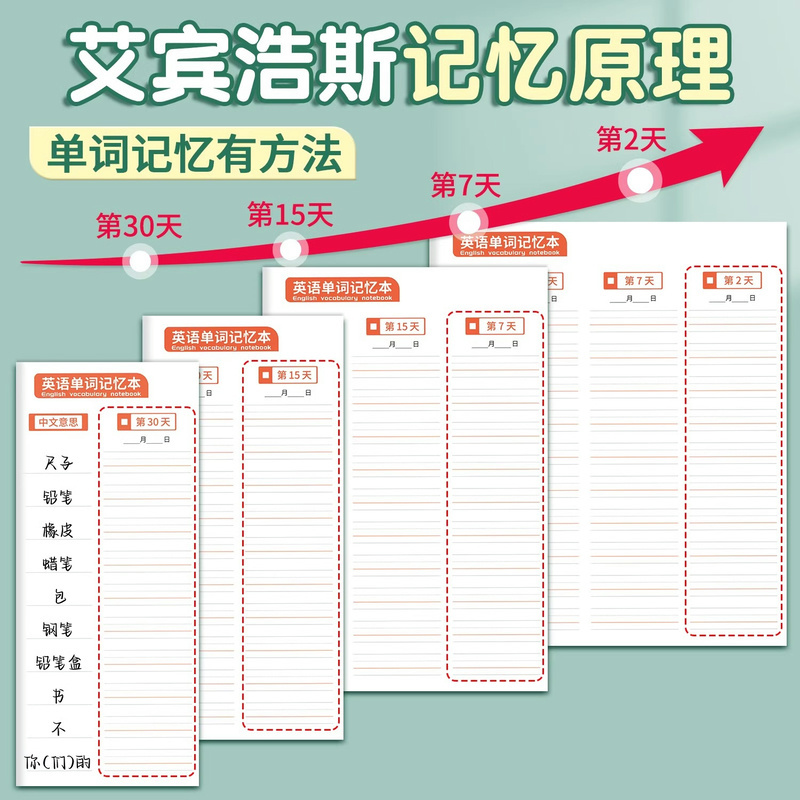 英语单词记忆本小学生单词记背神器艾宾浩斯遗忘曲线活页默写本汉英互译速记背单词练习纸每日10个单词积累本