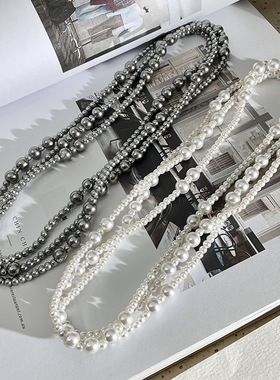 灰色多层串珠珍珠锁骨链白珍珠毛衣链女感双层叠戴大气项链潮