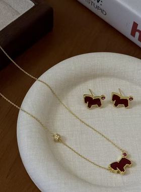 新中式红色小马耳钉项链女小众马上有钱本命年时尚百搭耳环锁骨链