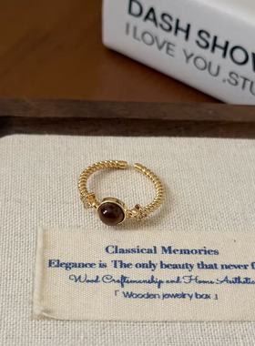 美拉德天然虎眼石锆石金色戒指精致轻奢时尚潮流百搭可调节食指戒