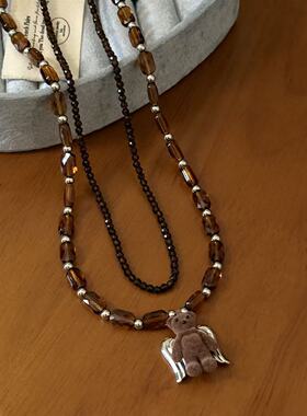 棕色植绒爱心小熊翅膀双层水晶叠戴项链女小众甜美可爱百搭锁骨链