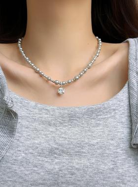 HF方糖吊坠灰色真多麻仿珍珠正圆高亮温柔高级感百搭项链锁骨链女